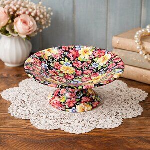 Vintage Royal Winton Florence Pattern Small Chintz Pedestal Dish Black Florals